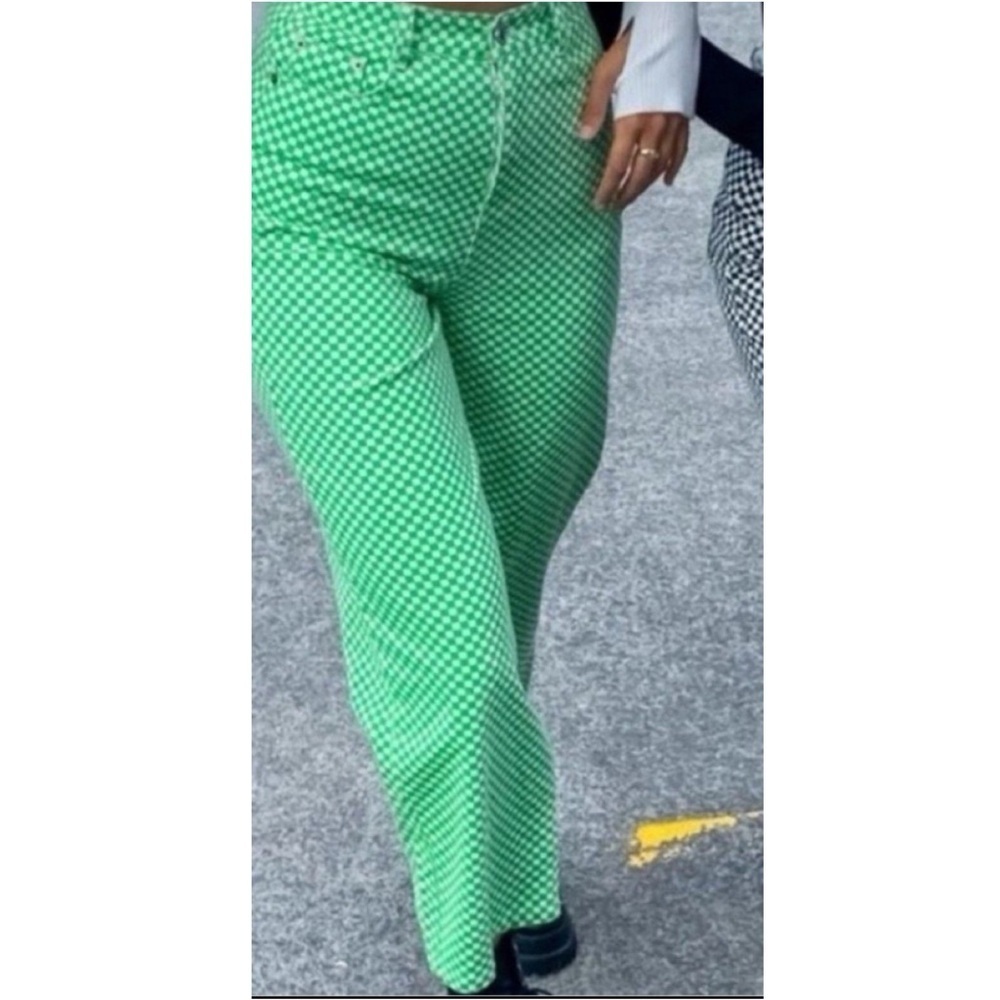 Shekou Green Checkered Straight Leg High Rise Jeans Womens Size Large NWT Preppy